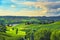 Langhe vineyards sunset panorama, Roddi village, Piedmont, Italy