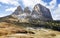 The Langkofel Group in italian: Gruppo del Sassolungo the massif mountain in the western Dolomites and the hotel Passo Sella