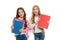 Language courses for youth. Girls with school textbooks white background. School concept. We love study. Pupils carrying