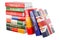 Languages Books. Textbooks or dictionaries with different flags. 3D rendering