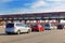 Languedoc-Roussillon, France - July 27 2018: Cars queuing at the toll gate or Peage, waiting to pay for travelling on the autorout