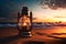 Lantern on a beach at sunset - Generative AI