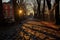 a lantern casting long shadows on a cobblestone park path