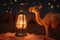 Lantern casts a warm glow on Camel, Sheep, Goat, and starry canvas