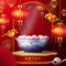 Lantern festival poster of tangyuan glutinous rice dumpling balls  in blue porcelain bowl with floral patterns on 3d podium