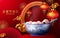 Lantern festival poster of tangyuan glutinous rice dumpling balls  in blue porcelain bowl with floral patterns on 3d podium