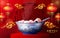 Lantern festival poster of tangyuan glutinous rice dumpling balls  in blue porcelain bowl with floral patterns on 3d podium