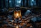 Lantern in the forest at night. Travel concept. Selective focus