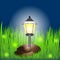 Lantern on grass with fireflies and stones.