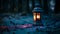 A lantern illuminates the wintry ambiance of a forest, creating a magical and captivating scene, lantern in the snow, AI Generated