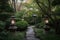 a lantern-lined path leading to a serene garden oasis