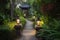 a lantern-lined walkway leads to a serene garden