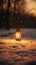 Lantern in the snow at sunset. Christmas and New Year concept.