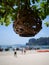 The lantern at the tree over blurred silhouettes of people on the beach