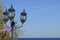 Lantern with water surface background on seashore on Kyiv Sea