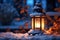 A lantern in winter, casting a cozy glow on a snowy night