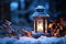 A lantern in winter, casting a cozy glow on a snowy night