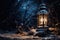 Lantern in the winter forest. Winter landscape with lanterns, An old lantern gently illuminating a frosty winter night, AI