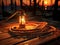 Lantern on a wooden pier at sunset, close-up.