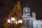 Lanterns on the background of the Christmas tree and the facade of the Helsinki Cathedral, the concept of meeting the