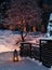 Lanterns in Christmas snowfall garden