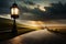 lanterns on cobblestone walkway at night