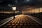 lanterns on cobblestone walkway at night