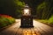 lanterns on cobblestone walkway at night