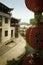 Lanterns and tea houses facing a river, china