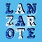 Lanzarote decorative ornate text with island map blue background