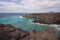 Lanzarote landscape. Los Hervideros coastline, lava caves, cliffs and wavy ocean.