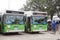 Lao green city buses donated by Japanese government at Central Bus Station located next to Vientiane Morning Market bus terminal