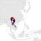 Laos Location Map on map Asia. 3d Laos flag map marker location pin. High quality map of Lao People`s Democratic Republic. Southe