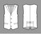 Lapelled vest waistcoat technical fashion illustration with sleeveless, notched shawl collar, button-up closure, pockets