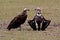 Lappet-faced vultures sunbathing after meal