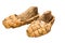 Lapti bast shoes are clad in ancient wooden shoe pads