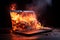 Laptop ablaze, flames consume it in a fiery, destructive spectacle