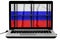 Laptop with black metal bars of a grate and a russian flag on the screen isolated on white background