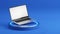 Laptop with blank white screen on a podium. Blue background. Laptop blank screen mockup