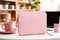 Laptop case mockup. Pink soft modern interior, AI Generated