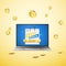 Laptop with Cashback banner on screen and button Buy Now and image of cart on it. Falling golden coins on yellow background.