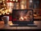 A laptop close-up view in a cozy holiday home in winter.