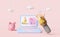 Laptop computer with charts,graph,shield,businessman hand,cloud,money,piggy bank isolated on pink.Internet security or privacy