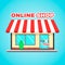 Laptop computer online shop vector flat icon illustration. E-commerce, digital market, online purchase, online shopping, mobile ap