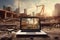 Laptop with construction site on the background. 3d rendering. A laptop amidst a bustling construction site symbolizes the