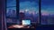 Laptop on a desk in front of a window with a city skyline in the background, a realistic, vibrant, and colorful illustration