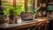 Laptop displayed on a desk decorated with an assortment of lush potted plants, Ai-generated.