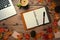 Laptop, empty notebook, coffee cup and autumn maple leaves on wooden table.