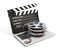 Laptop with films reel and movie clapper, Video or movie online internet concept 3d rendering