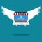Laptop with flying wings. The concept of independent trading online. vector Eps